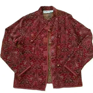 Vintage 90s Flashback Tapestry Jacket Red Burgundy Wooden Size M Button Detail